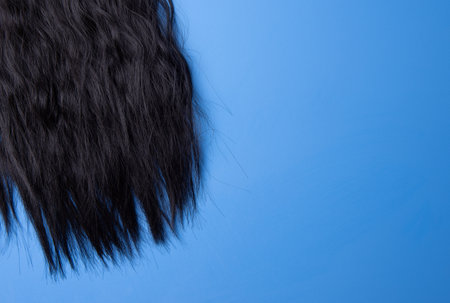 Close up of the texture of the shiny black human curly hair on the blue backgroundの写真素材
