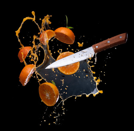 Sliced of orange with juice splash on black backgroundの写真素材