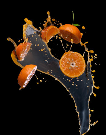 Sliced of orange with juice splash on black backgroundの写真素材