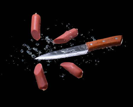Flying knife sliding cutting sausage with water splash, isolated on black backgroundの写真素材