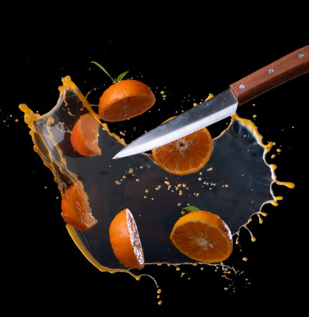 Sliced of orange with juice splash on black backgroundの写真素材