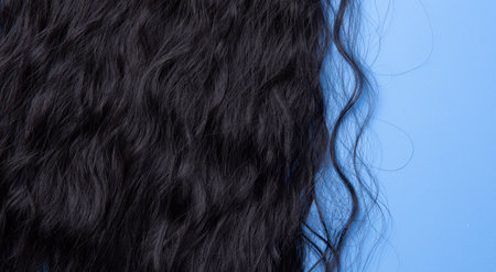 Close up of the texture of the shiny black human curly hair on the blue backgroundの写真素材