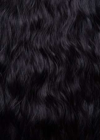 Brunette or black hair. Female long dark hair in black. Beautifully laid curls. Closeup texture in a dark key. Hairdressingの写真素材