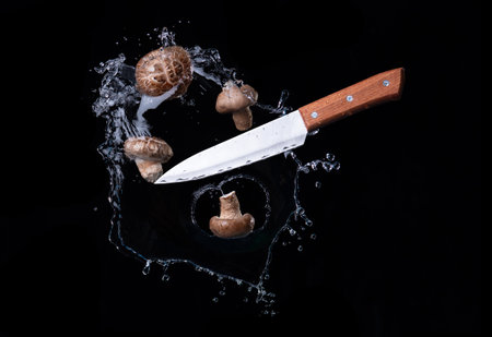Champignon mushroom with knife against a black background, flying foodの写真素材
