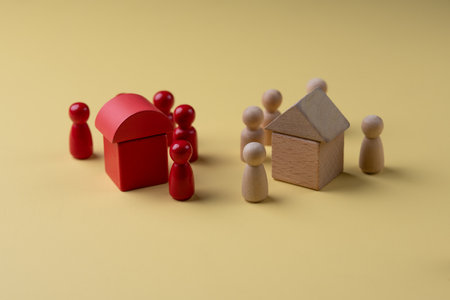 Wood House Model and wooden figurines on yellow background ,Property, hospitality concept using wooden house and human model.の写真素材