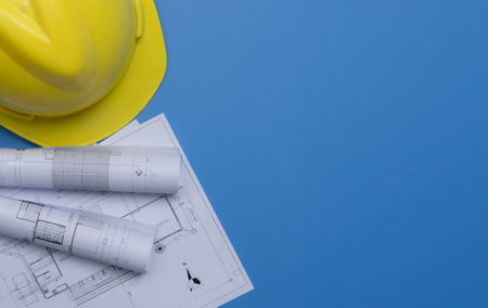 Construction drawings and hard hat,start project construction concept.の写真素材