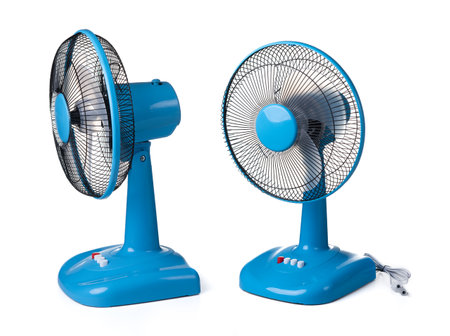 Blue Electric fan isolated on white backgroundの写真素材