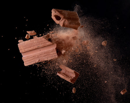 Broken red bricks flying explosion,  Abstract cloud fly. Orange colored sand splash throwing in air on black backgroundの写真素材