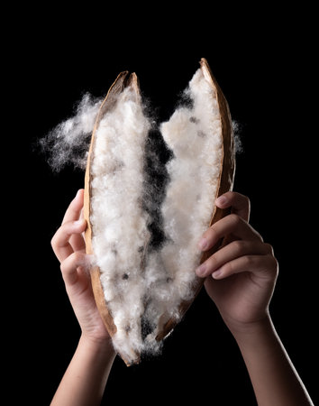 Hand holding white silk cotton tree or Ceiba pentandra dry fruits isolated on black backgroundの写真素材