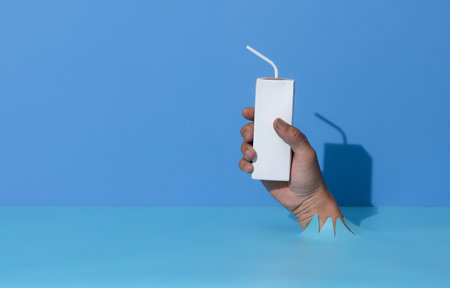 hand with blank packet carton juice milk breaks through blue paper background.の写真素材