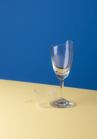 Broken wine glass on a blue backgroun, Broken dishesの写真素材