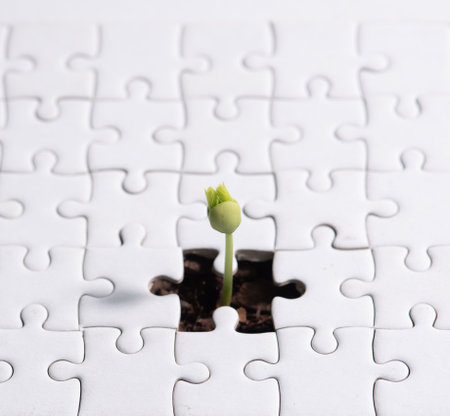 Young plant coming through a blank of white jigsaw puzzleの写真素材