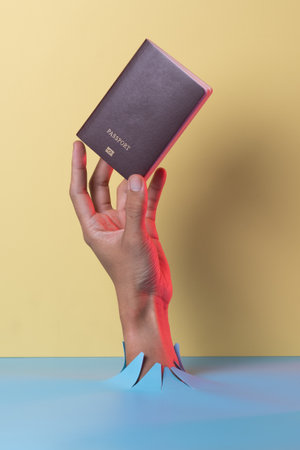 Male hand with passport breaks through yellow paper background.の写真素材