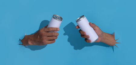 Male hand with tin can breaks through blue paper background.