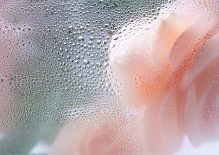 Pink roses through the glass with waterdrops background,Abstract Nature blur background.の写真素材