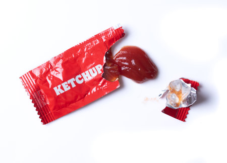 Tomato ketchup packet isolated on white backgroundの写真素材