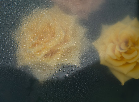 Yellow Rose through the glass with waterdrops background,Abstract Nature blur background.の写真素材