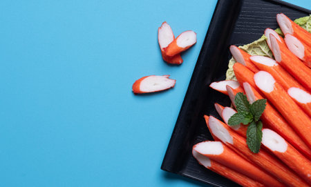 Crab sticks on a black plate ,blue background.top viewの写真素材
