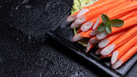 Crab sticks on black stone plate. Rustic style. Seafood delicacies.の写真素材