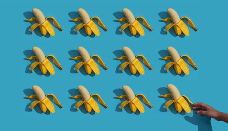 Pattern of bananas with shadows on blue surface