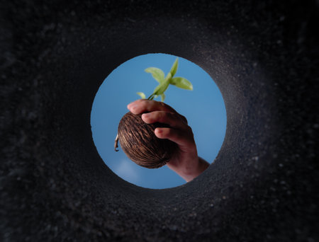 Planting young plant into the ground,View of a freshly dug pit in a bed,View from below,dry Cerbera odollam seedの写真素材