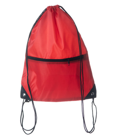 Red backpack with laces, sport bag isolated on white backgroundの写真素材