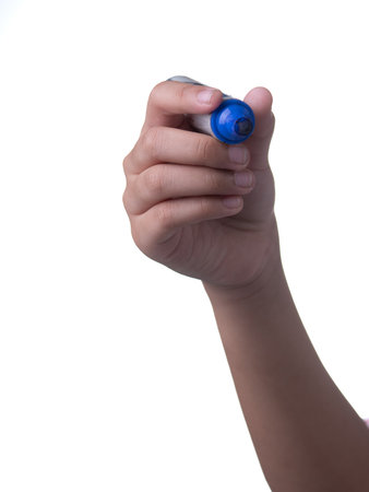 Hand holding blue marker for writing isolated on white backgroundの写真素材