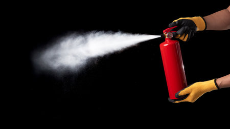Hand Using Fire Extinguisher to Extinguish Fire isolated on blackの写真素材