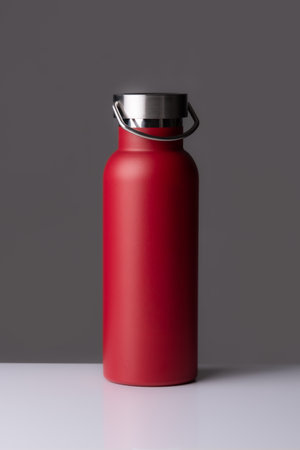 Vibrant red water bottle on gray backgroundの写真素材