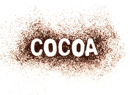 Cocoa powder spilled on white to form a word.の写真素材