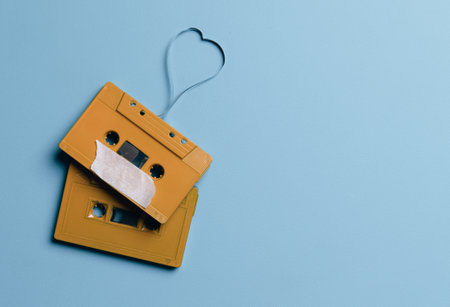 Audio cassette tape with label tag love song tangled tape ribbon heart shape on blue background, top view.の写真素材