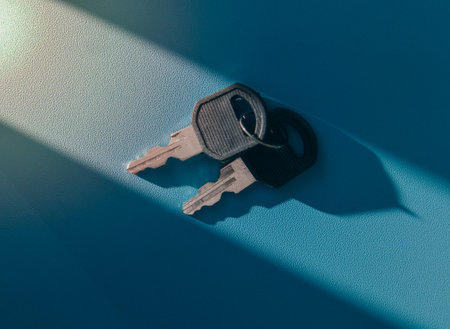Close-Up of keys with shadow on blue backgroundの写真素材