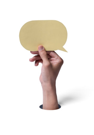 Male hand with yellow speech bubble on white background. Concept of new message alert, email...
