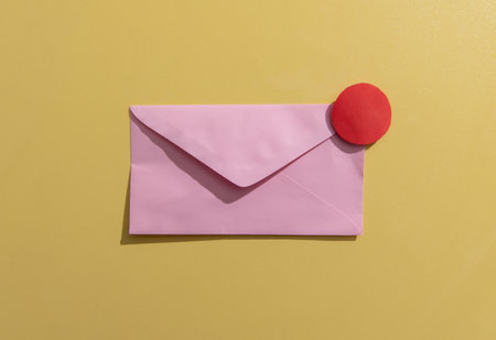 Pink envelope with notification red dot on a yellow background.の写真素材