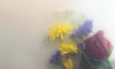 Bright beautiful bouquet of yellow purple and red flowers arrangement behind a white matte glass blurry with water drops,soft focus,DOF- depth of fieldの写真素材