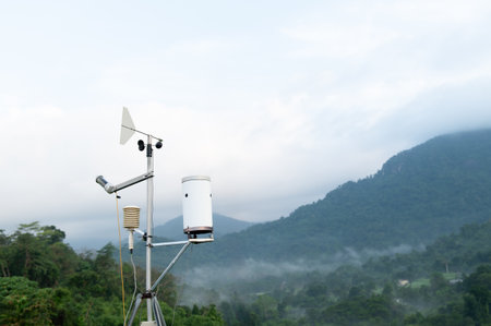 Weather meter with mountain backgroundの写真素材