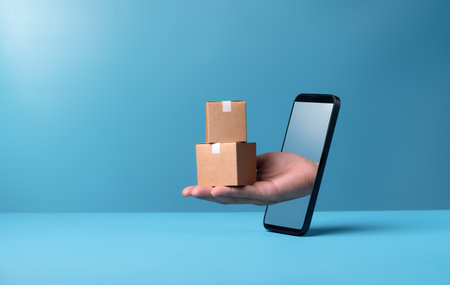 Courier passing parcel through smartphone on blue background. Delivery service,Online shoppingの写真素材