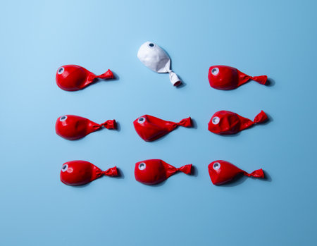A group of red fish balloons surrounded one white fish. Top viewの写真素材
