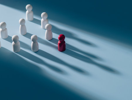 Red wooden figures stand out from the crowd of wooden figures. Leadership conceptの写真素材