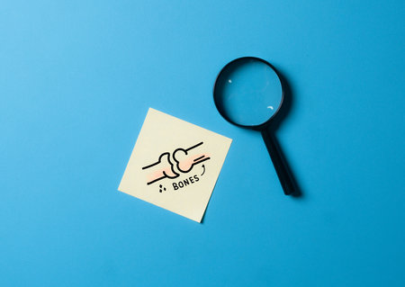 Magnifying glass Checking with bones on blue background,Medical Concept,checkup all organsの写真素材