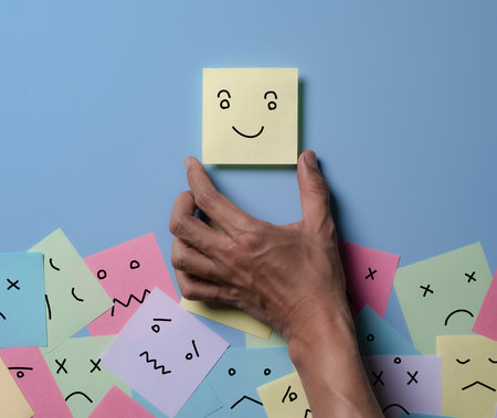 Happy smile face for medical care concept,Mind, Mental Health Concept. Varieties of Mood and Emotion Inside Out. many Sticky Notes on Board with Handwriting Cartoon Emoticon Faceの写真素材