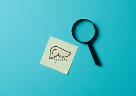 Magnifying glass Checking with liver on blue background,Medical Concept,checkup all organsの写真素材
