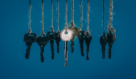 Single Glowing Key Highlighted Among Many Hanging on Dark Backgroundの写真素材