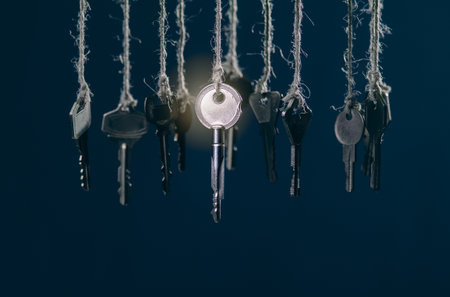 Single Glowing Key Highlighted Among Many Hanging on Dark Background