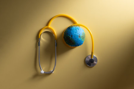 Stethoscope wrapped around globe on yellow background. Save the wold, Global healthcare and Green Earth day concept.の写真素材