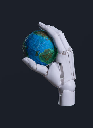 Robot Hand Gently Holding Planet Earth Model: AI, Technology, and Global Protection Conceptの写真素材