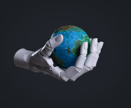 Robot Hand Gently Holding Planet Earth Model: AI, Technology, and Global Protection Conceptの写真素材