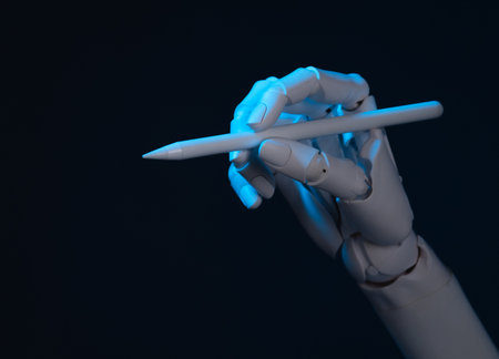 Robot Hand Holding a Digital Stylus: AI Art, Design, and Precision Technology Conceptの写真素材