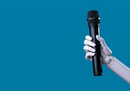Robot Hand Holding a Black Microphone: AI Voice, Communication, and Future Media Conceptの写真素材