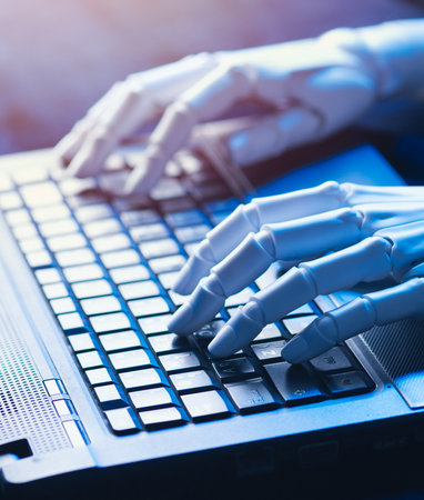 AI Coding: Robotic Hands Typing on a Laptop in Blue Light
